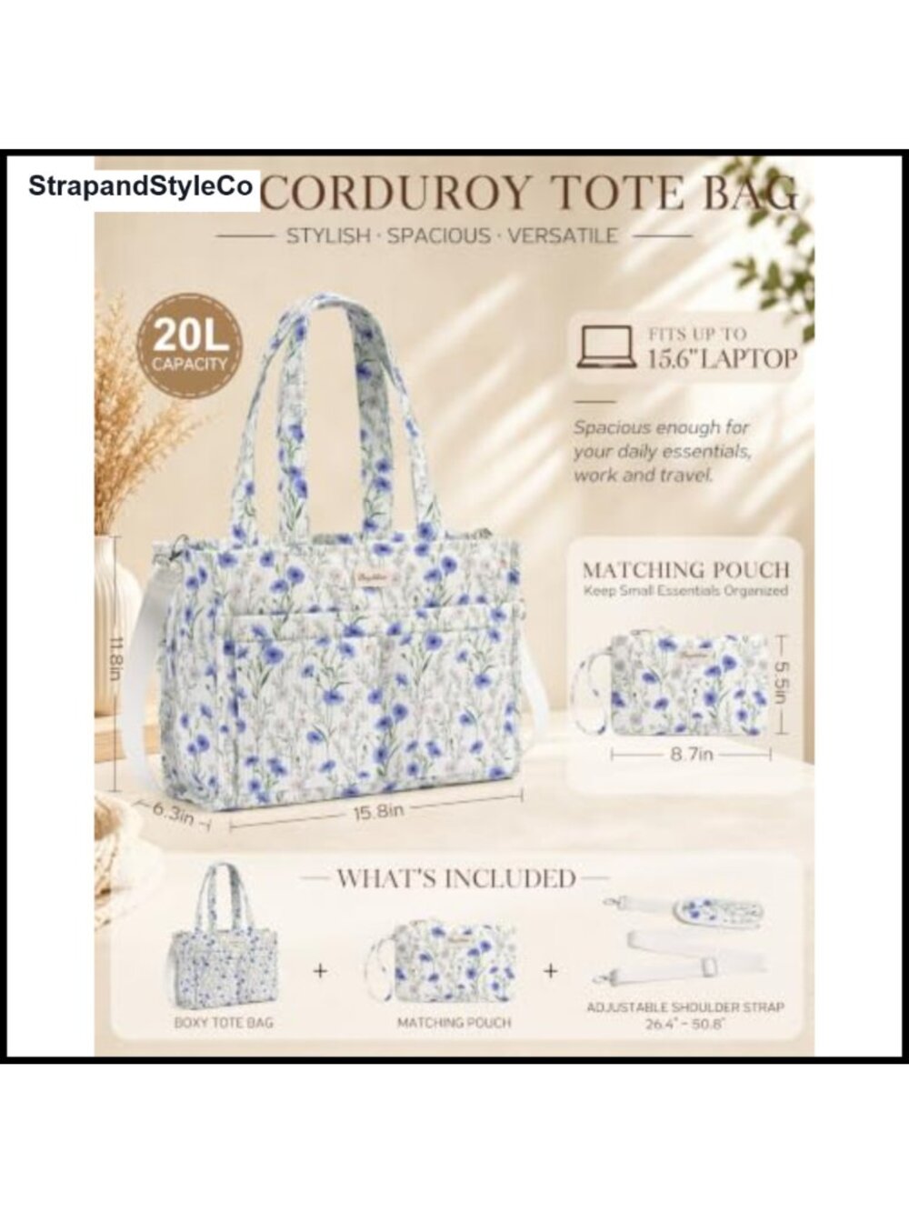 Corduroy Tote Bag with 15 Pockets Laptop Compartment - Picture 2 of 6